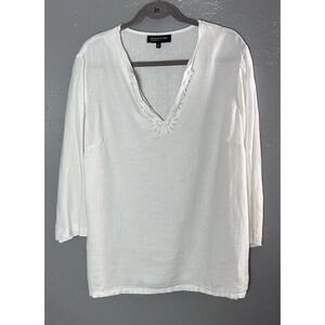 Women's Bones of New York White 100% Linen Tunic W/Beaded Detail Size 1X EUC